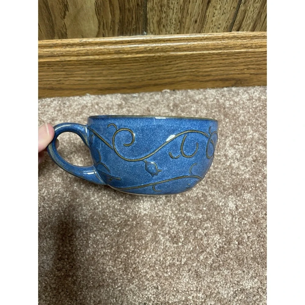 Pier 1 Stoneware Coffee Mug Tea Cup Hot Chocolate Blue Brown Swirl 2.75
